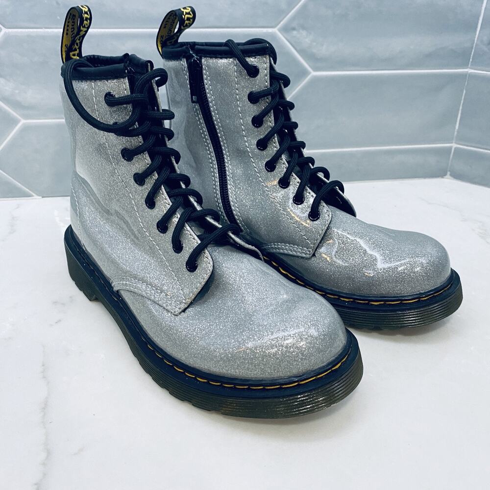 Dr Martens Boots Girls Size 3 Glitter J Youth Silver Lace Up Combat Shoes 1460 - Picture 3 of 7